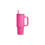 Custom branded 1L stainless steel tumbler with handle and straw lid in hot pink, employee welcome kit merch by Wumble Australia