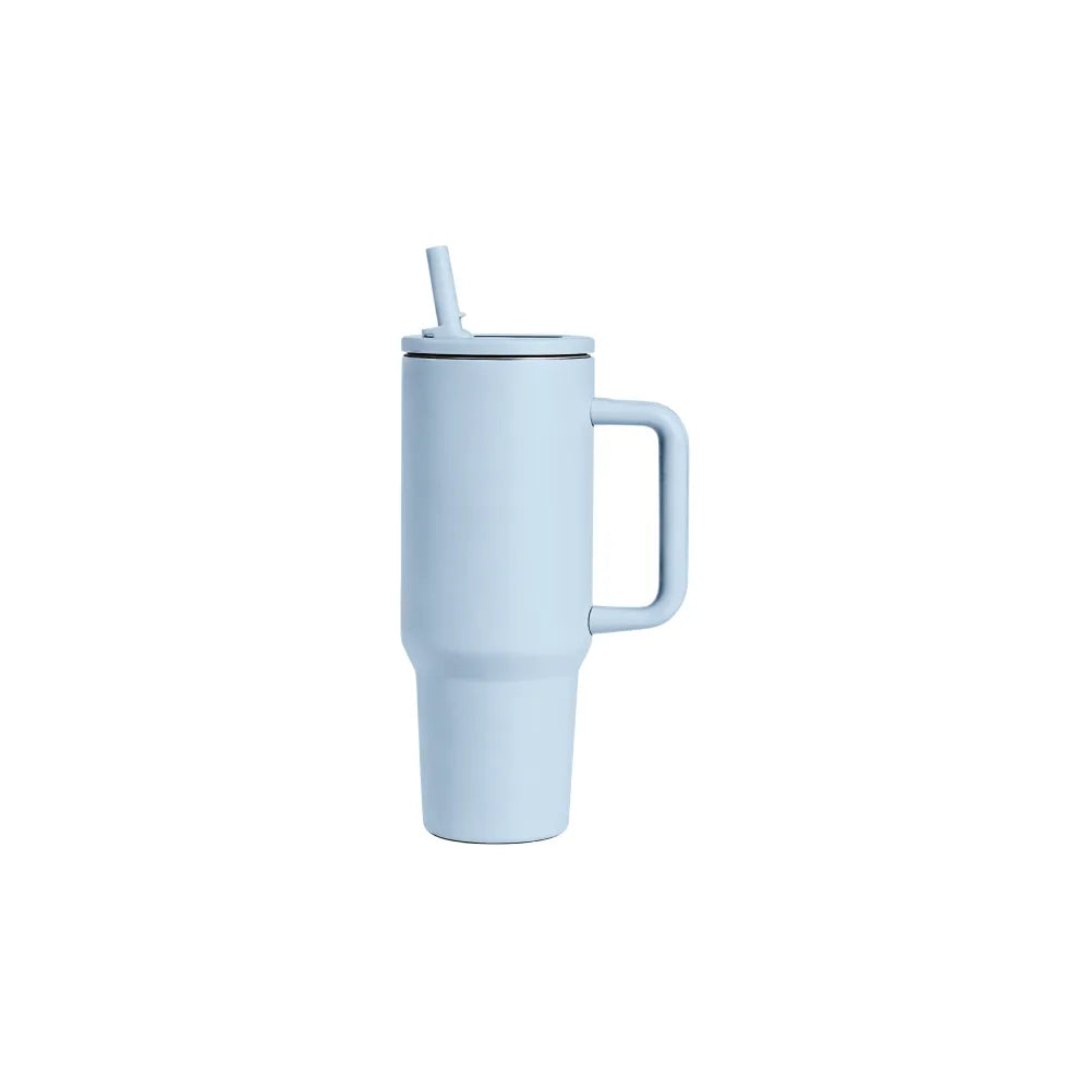 Custom branded 1L stainless steel tumbler with handle and straw lid in mist blue, employee welcome kit merch by Wumble Australia