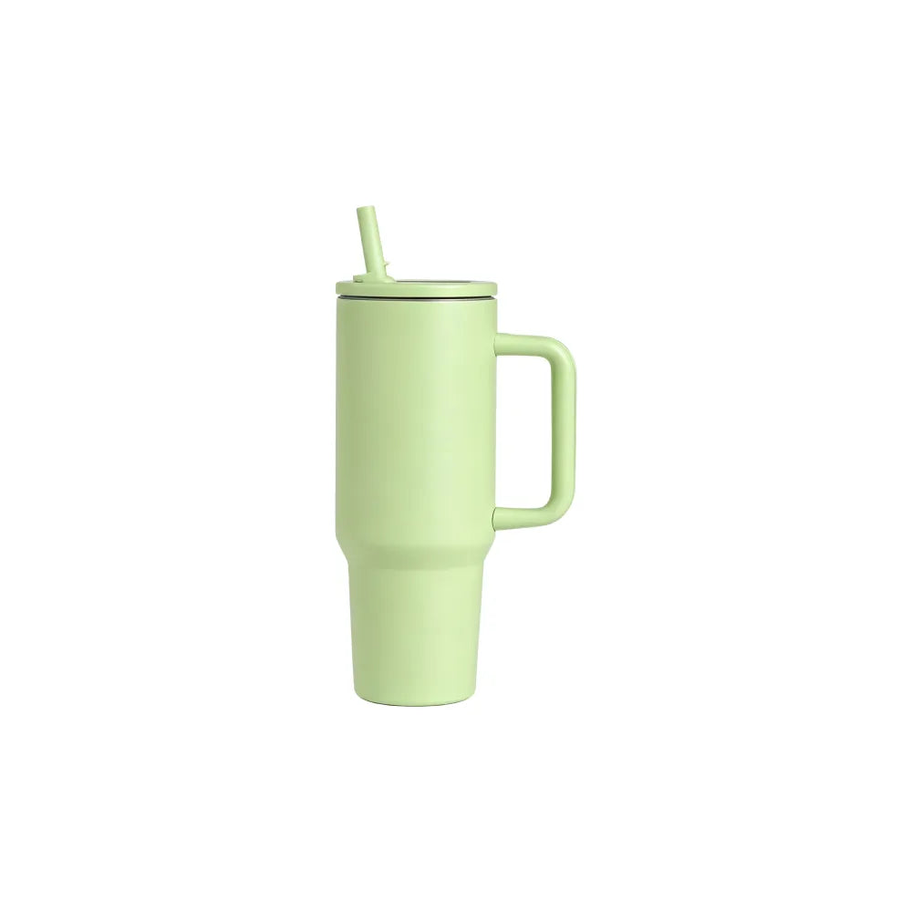 Custom branded 1L stainless steel tumbler with handle and straw lid in pistachio, employee welcome kit merch by Wumble Australia