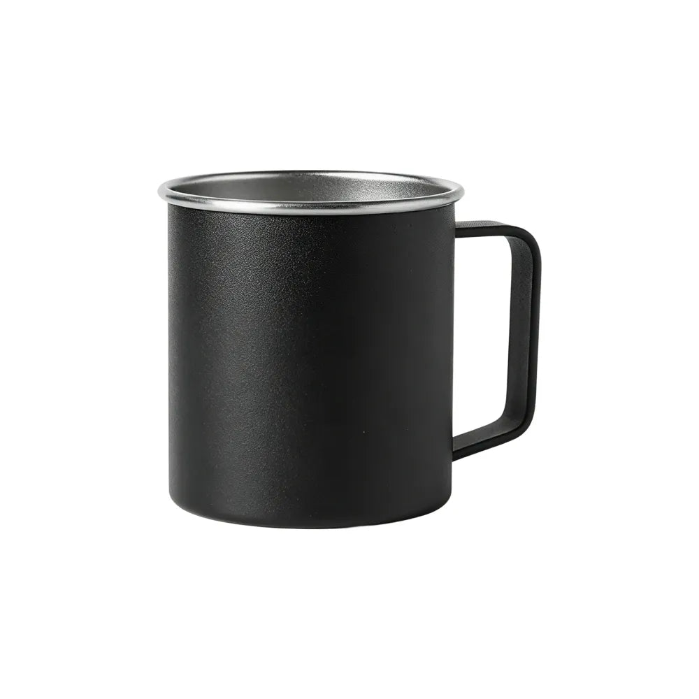 Custom branded 350ml stainless steel camp mug in white with handle, bulk corporate drinkware Australia by Wumble