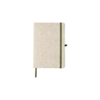 Custom branded A5 cotton linen notebook in khaki with colourful elastic band closure, sustainable bulk stationery Australia by Wumble Merch