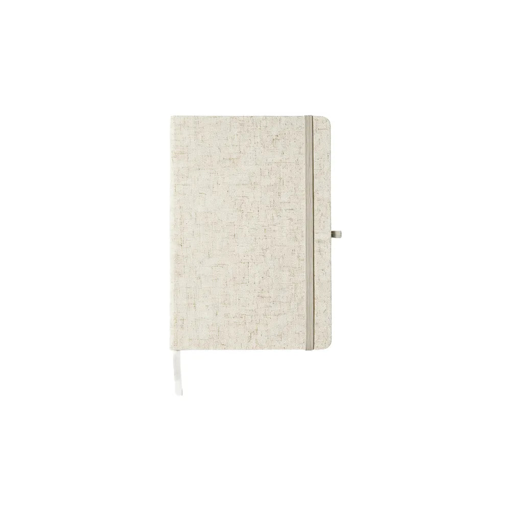 Custom branded A5 cotton linen notebook in khaki with colourful elastic band closure, sustainable bulk stationery Australia by Wumble Merch