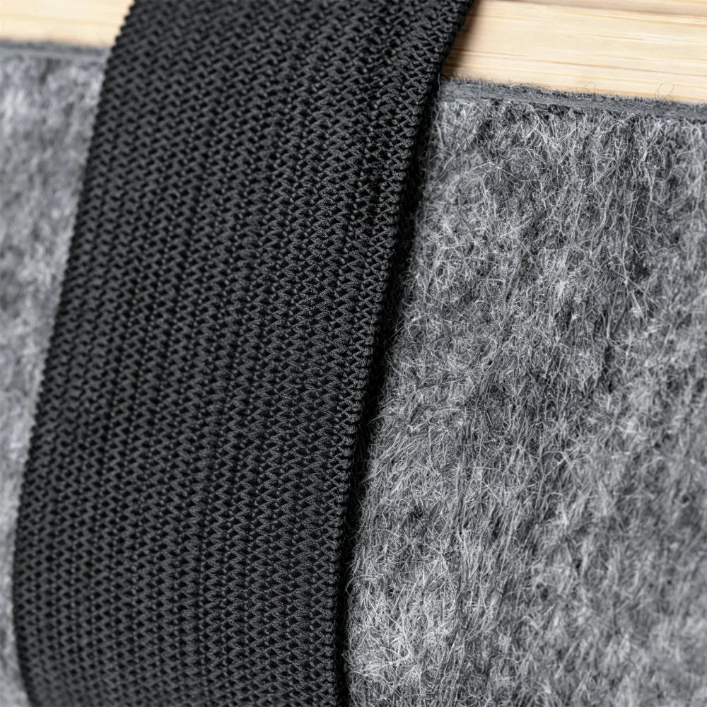 Close up of natural bamboo lid and recycled RPET felt texture on pencil case, eco corporate gift Australia by Wumble Merch