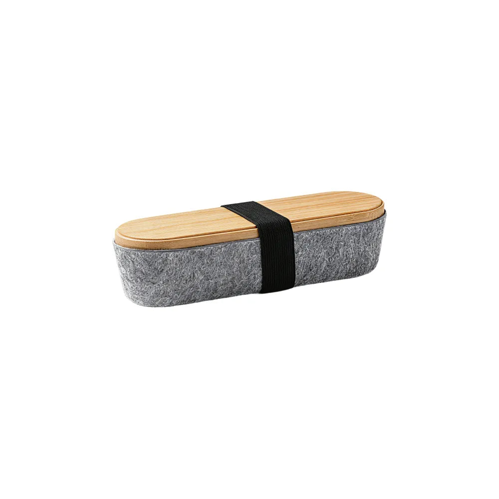 Custom branded bamboo lid pencil case with RPET felt body and elastic band closure, sustainable bulk merch Australia by Wumble Merch