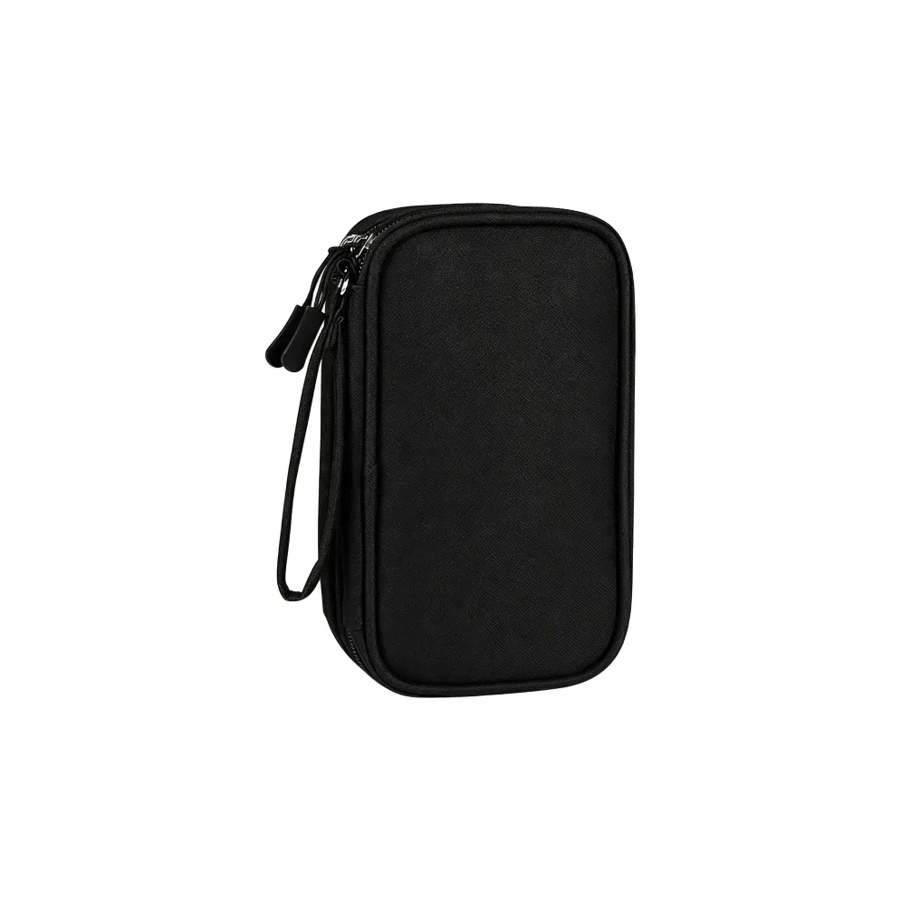 Custom branded cable organiser bag in black, open showing double layer compartments – bulk tech merch Australia