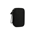 Custom branded cable organiser bag in black, open showing double layer compartments – bulk tech merch Australia
