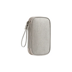 Custom branded cable organiser bag in grey, open showing double layer compartments – bulk tech merch Australia