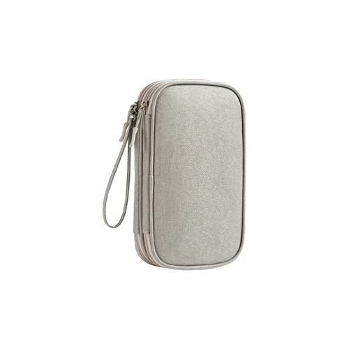 Custom branded cable organiser bag in grey, open showing double layer compartments – bulk tech merch Australia