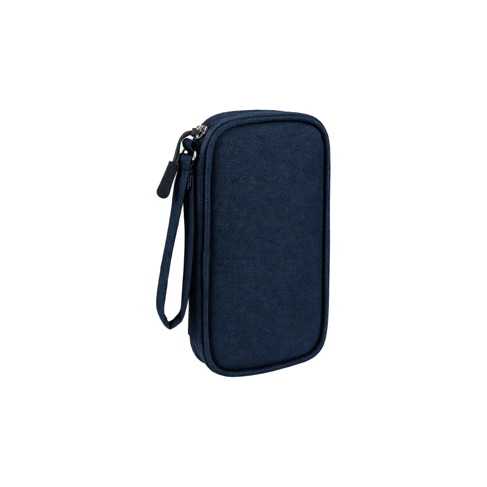 Custom branded cable organiser bag in navy, open showing double layer compartments – bulk tech merch Australia