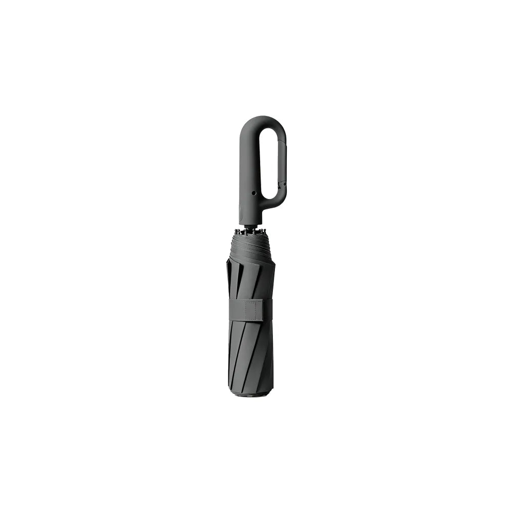 Carabiner handle folding umbrellas in cream white, black and mist blue, custom branded bulk merch by Wumble Merch Australia