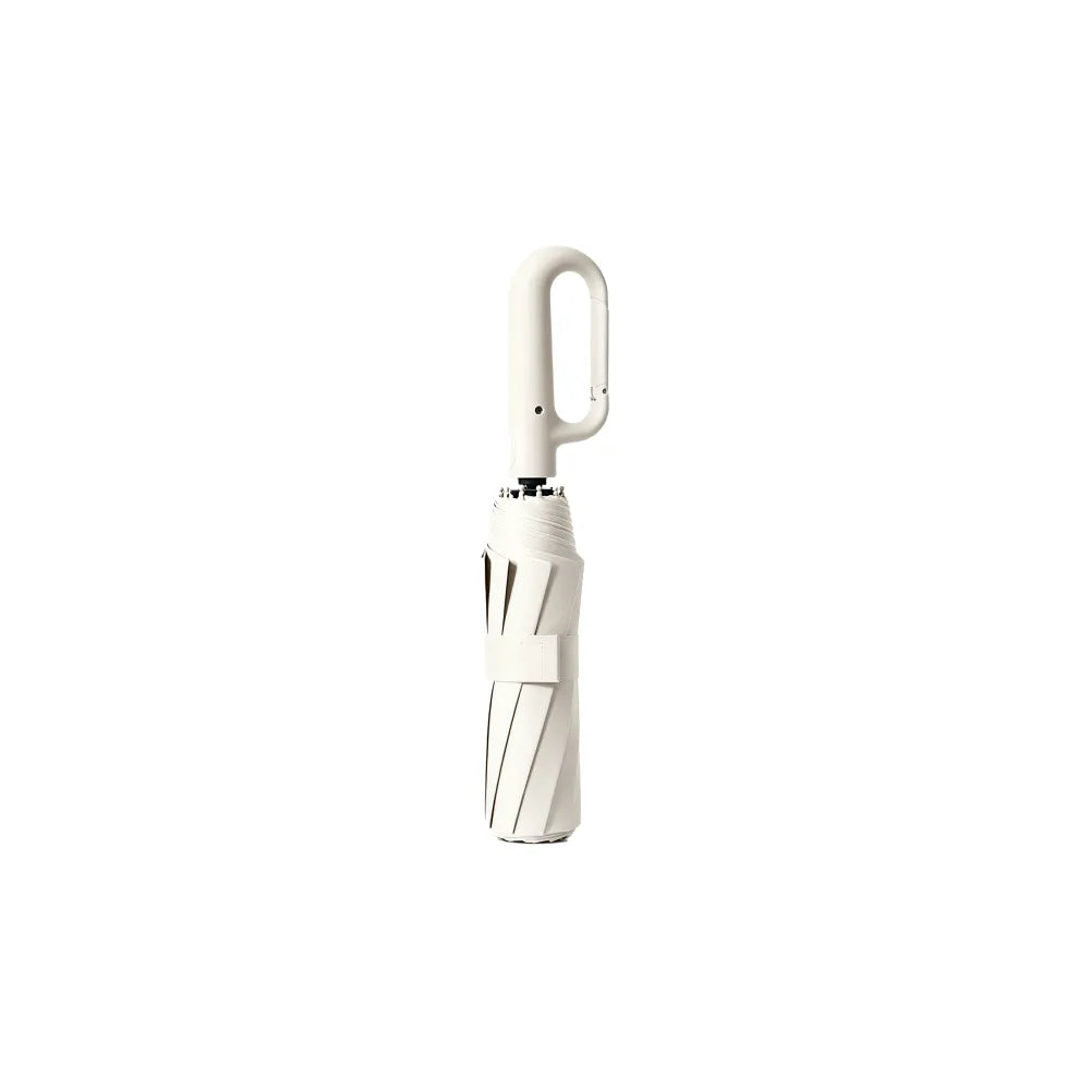 Custom branded carabiner handle folding umbrella in cream white, bulk corporate merch Australia by Wumble Merch