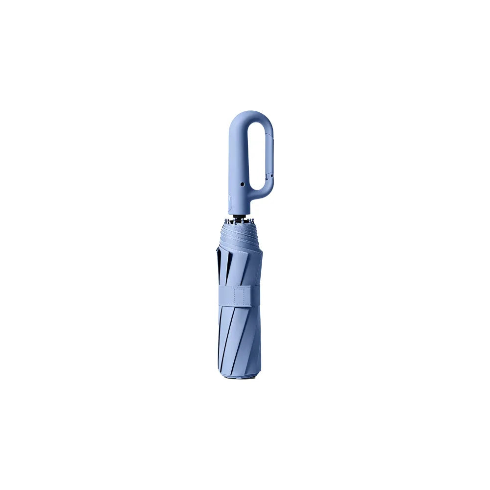 Carabiner handle folding umbrellas in cream white, black and mist blue, custom branded bulk merch by Wumble Merch Australia