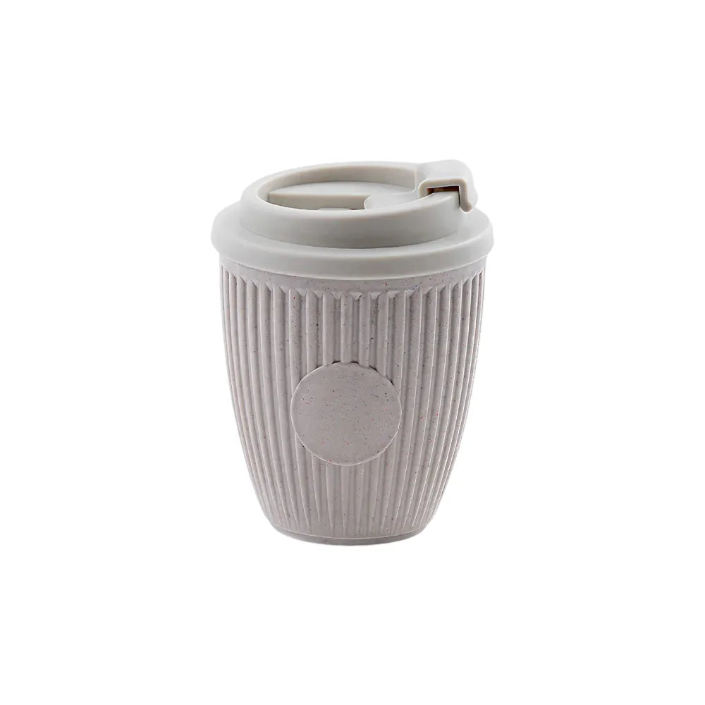 Custom branded coffee grounds eco travel cup 350ml with flip lid in dusty rose grey, sustainable bulk merch Australia by Wumble