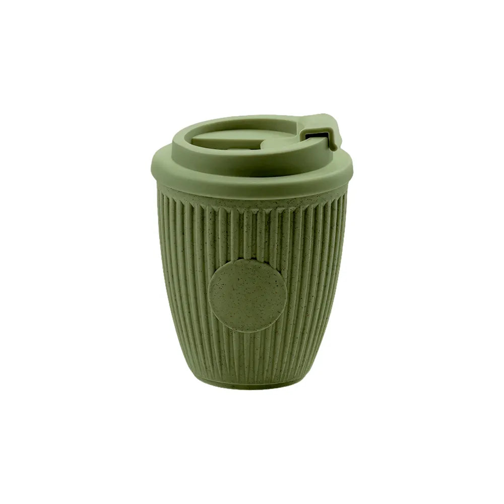 Custom branded coffee grounds eco travel cup 350ml with flip lid in moss green, sustainable bulk merch Australia by Wumble