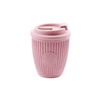 Custom branded coffee grounds eco travel cup 350ml with flip lid in pink, sustainable bulk merch Australia by Wumble