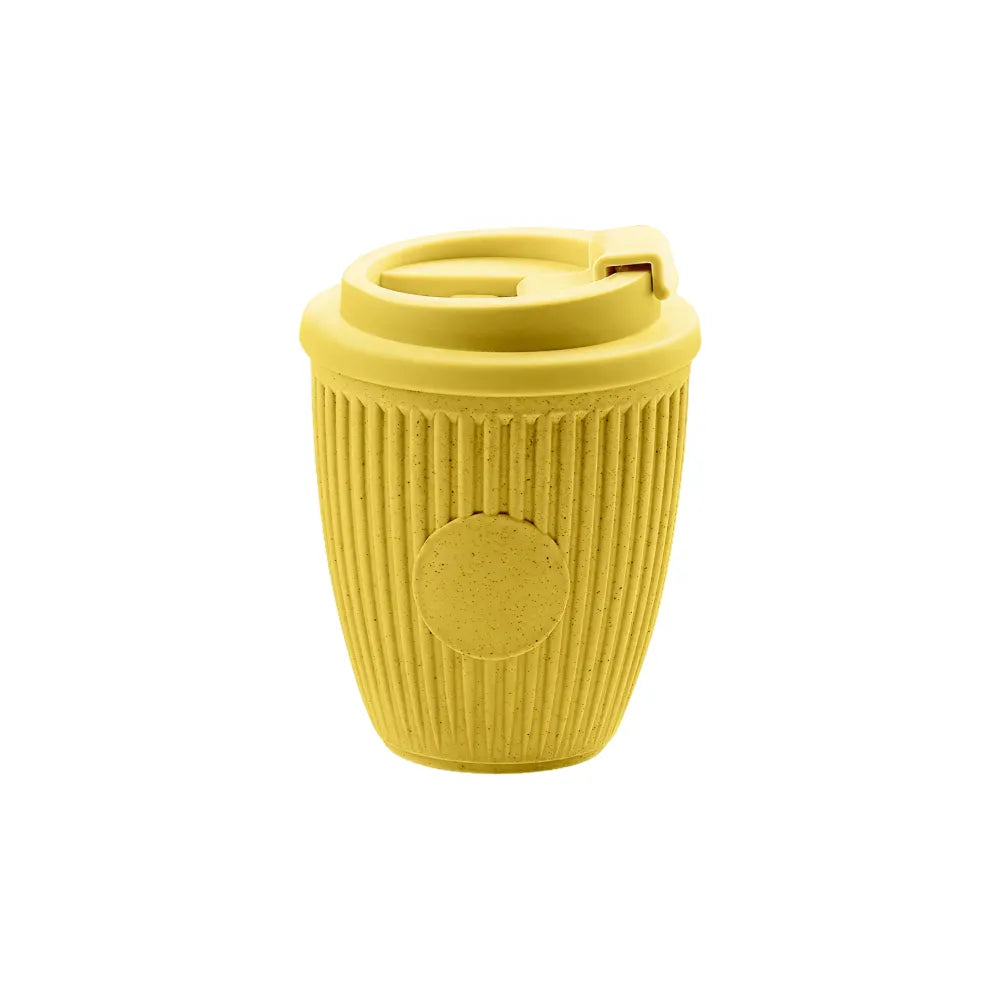 Custom branded coffee grounds eco travel cup 350ml with flip lid in yellow, sustainable bulk merch Australia by Wumble