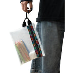 Close up of colourful patterned zipper tape on clear EVA mesh pouch, corporate gift Australia by Wumble Merch