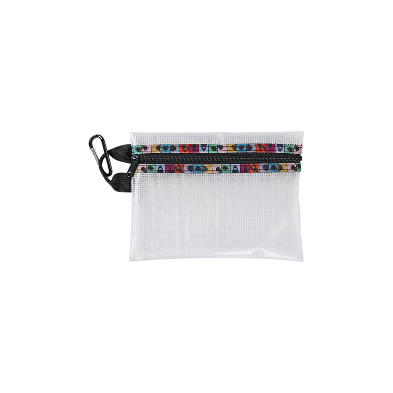 Custom branded EVA mesh zipper pouch in clear with colourful zipper tape, bulk corporate merch Australia by Wumble Merch