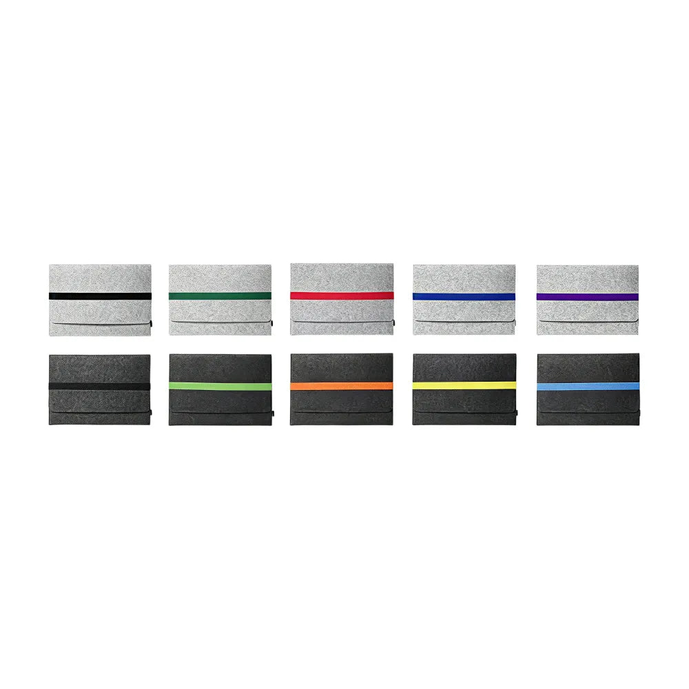 Custom branded recycled RPET felt laptop sleeve with elastic strap, sustainable bulk merch Australia by Wumble