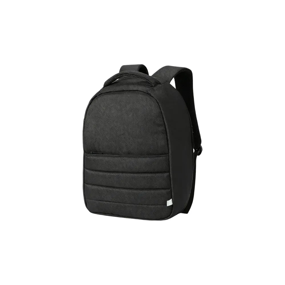 Custom branded Repreve recycled laptop backpack in black with quilted exterior and padded straps, sustainable corporate bag Australia by Wumble Merch