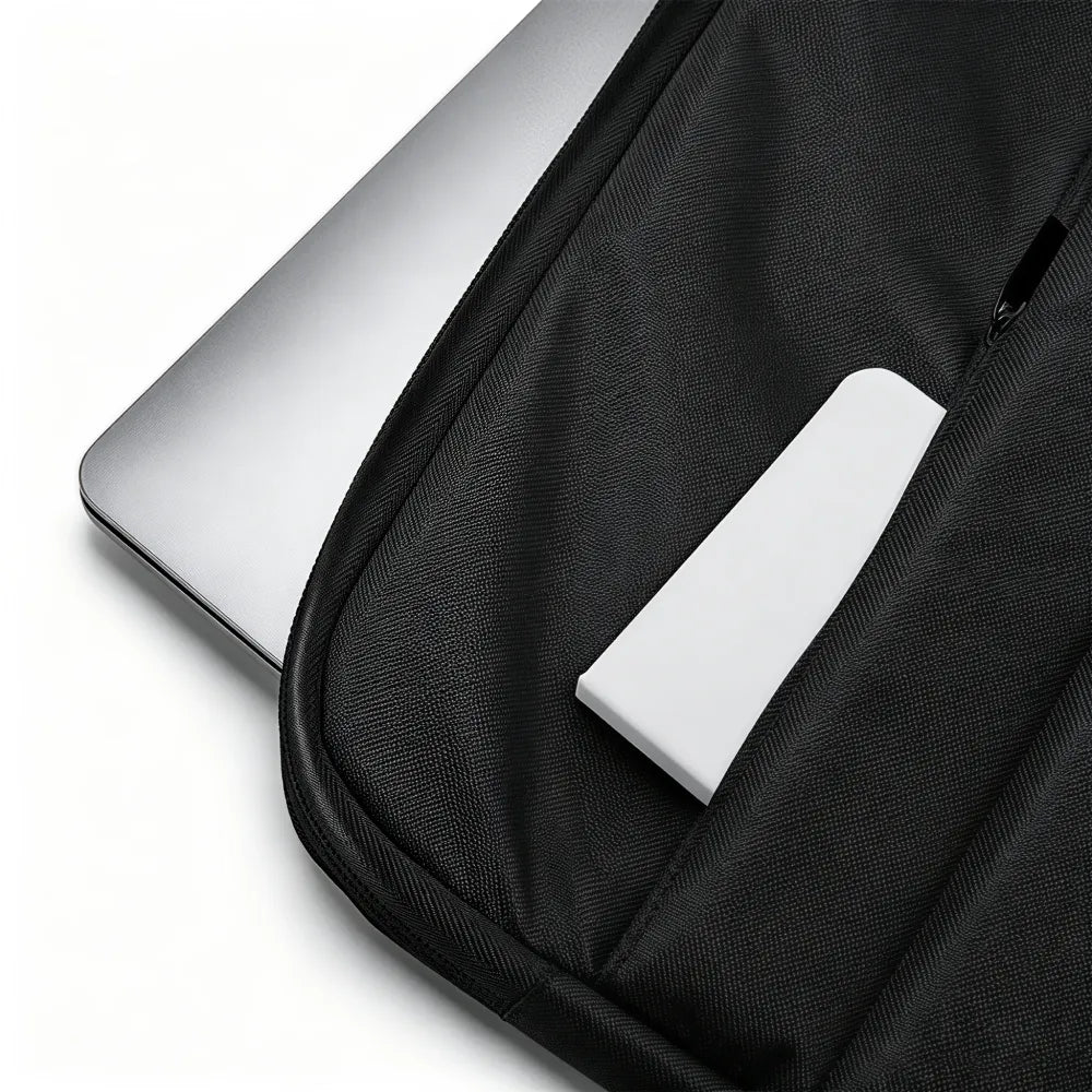 Close up of front pocket and quilted exterior on Repreve recycled laptop sleeve, eco corporate gift Australia by Wumble Merch
