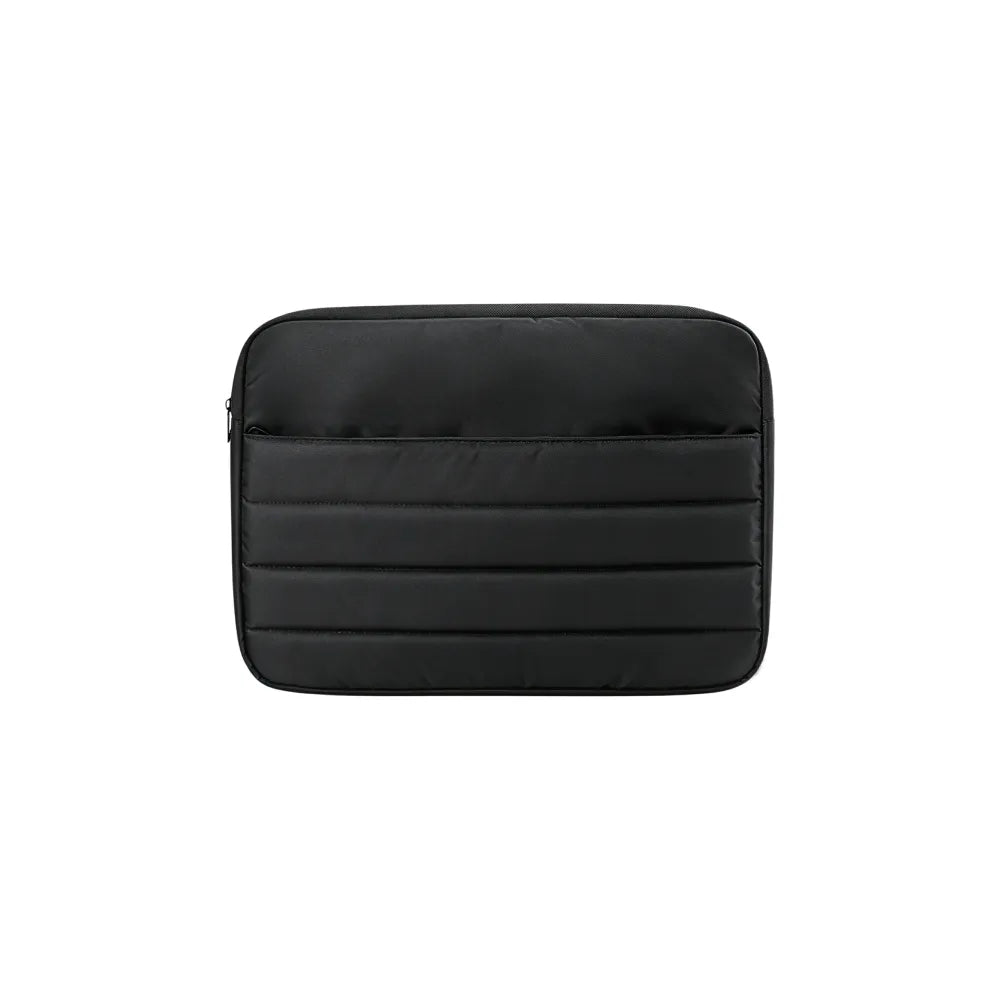 Custom branded Repreve recycled laptop sleeve in black with quilted exterior and zipper, sustainable bulk merch Australia by Wumble Merch