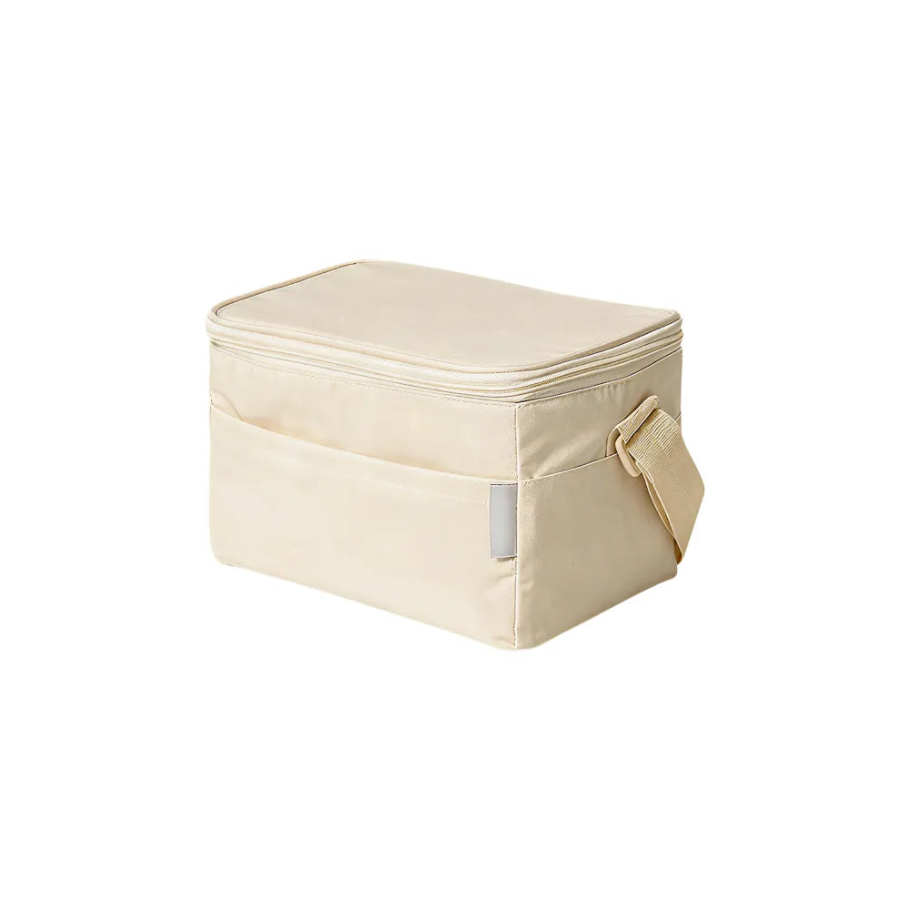Custom branded RPET insulated lunch bag in cream with carry handle, sustainable bulk merch Australia by Wumble