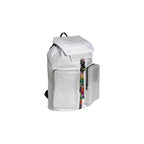 Custom branded RPET sports backpack in white with EVA mesh pockets and colourful strap, eco corporate bag Australia by Wumble Merch
