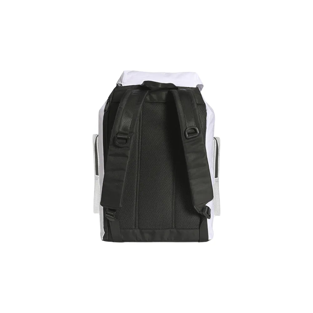 Custom branded RPET sports backpack in white with EVA mesh pockets and colourful strap, eco corporate bag Australia by Wumble Merch
