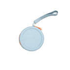 Custom branded round silicone cable pouch in light blue with orange zipper, bulk tech merch Australia by Wumble