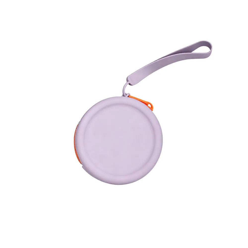 Custom branded round silicone cable pouch in taro purple with orange zipper, bulk tech merch Australia by Wumble