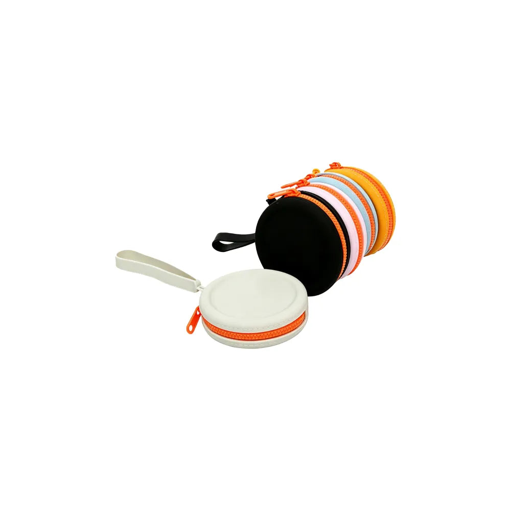 Custom branded round silicone cable pouch with orange zipper, bulk tech merch Australia by Wumble