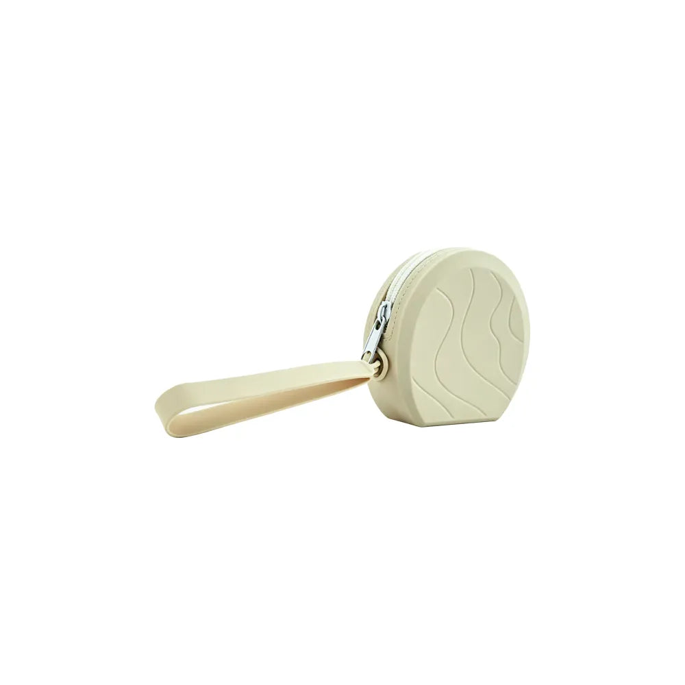 Custom laser engraved silicone wristlet pouch in beige with wrist strap, bulk branded merch Australia by Wumble