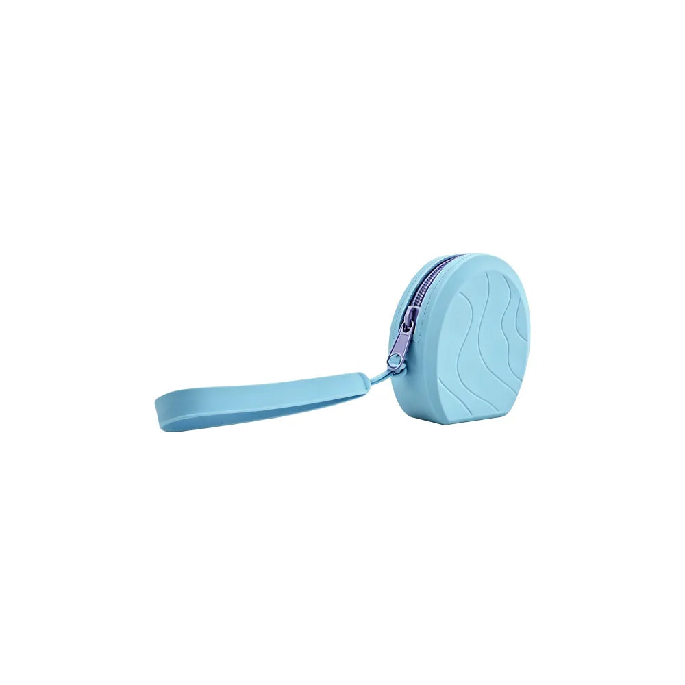Custom laser engraved silicone wristlet pouch in sky blue with wrist strap, bulk branded merch Australia by Wumble