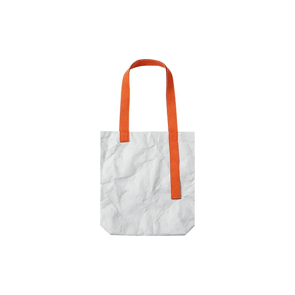 Custom branded Tyvek paper tote bag in white with orange cotton handles, sustainable event bag Australia by Wumble Merch