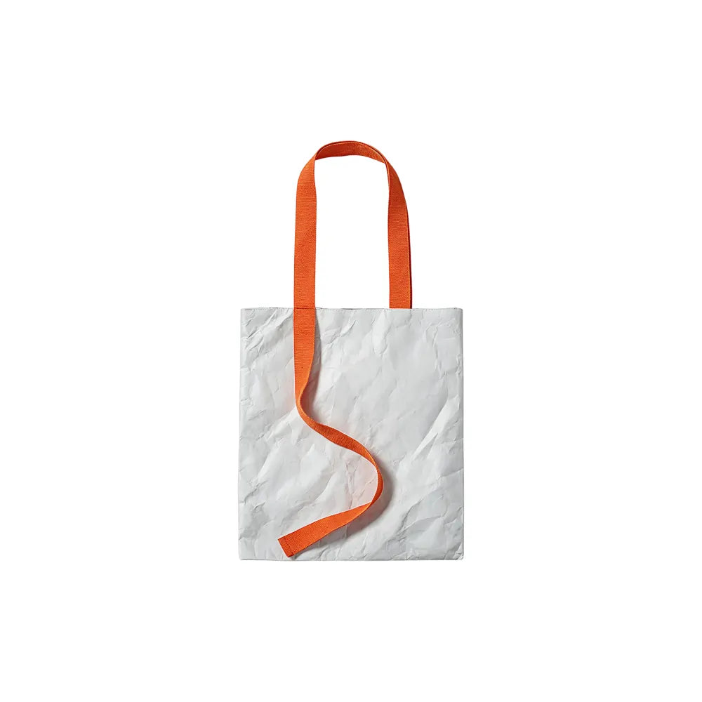 Custom branded Tyvek tote bag in white with orange cotton handles, sustainable event bag Australia by Wumble Merch