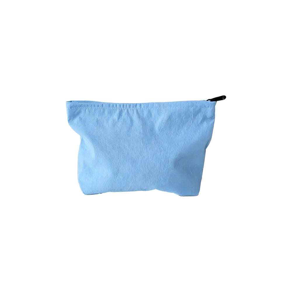 Custom branded zip pouch in sky blue, waterproof nylon, bulk merch Australia by Wumble